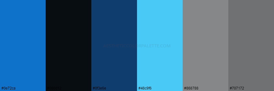 color palette 0e72ca 080d12 0f3e6e 48c9f6 868788 707172