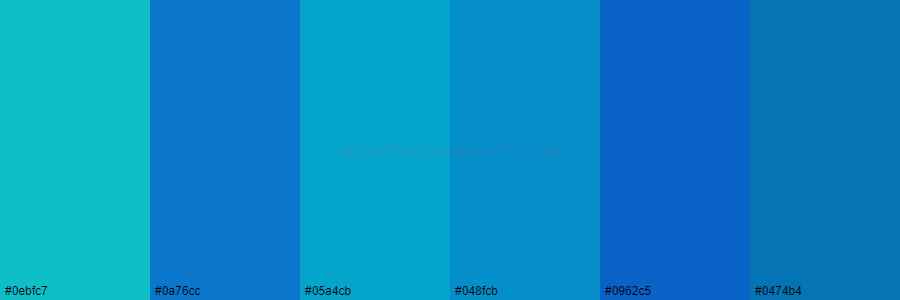 color palette 0ebfc7 0a76cc 05a4cb 048fcb 0962c5 0474b4