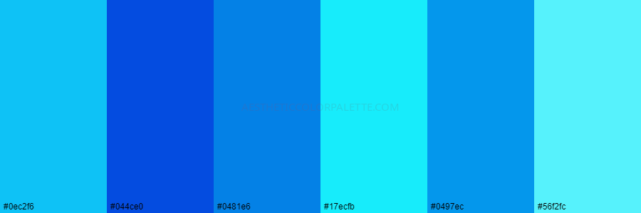color palette 0ec2f6 044ce0 0481e6 17ecfb 0497ec 56f2fc