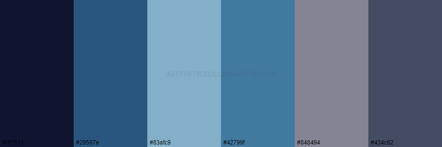 color palette 0f1531 29567e 83afc9 42799f 848494 434c62