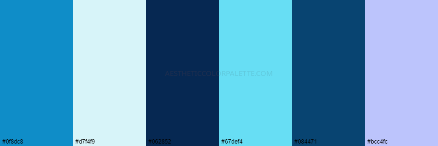 color palette 0f8dc8 d7f4f9 062852 67def4 084471 bcc4fc