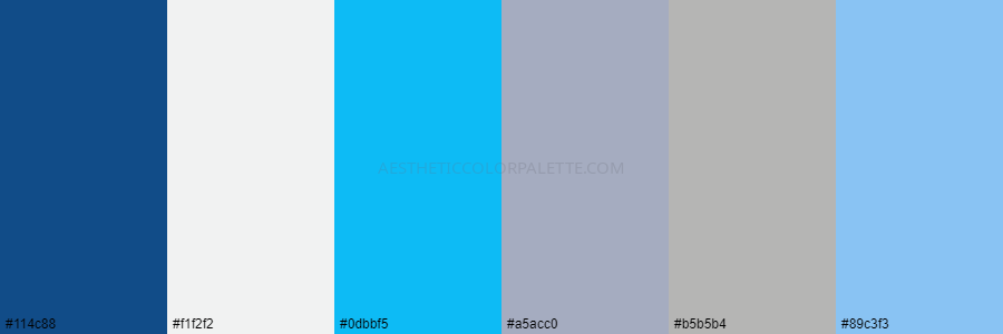 color palette 114c88 f1f2f2 0dbbf5 a5acc0 b5b5b4 89c3f3