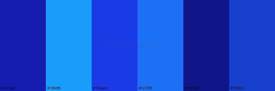 color palette 141daf 189dfb 193ae5 1c70f5 10158a 153fcc