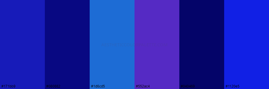 color palette 171bb9 080882 1d6cd5 552ac4 040469 1120e5