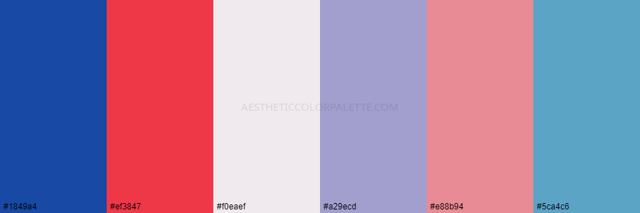 color palette 1849a4 ef3847 f0eaef a29ecd e88b94 5ca4c6