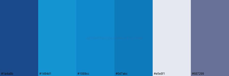 color palette 1a4a8b 1494d1 1089cc 0d7abc e5e8f1 687299