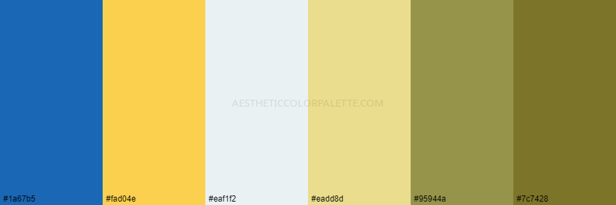 color palette 1a67b5 fad04e eaf1f2 eadd8d 95944a 7c7428