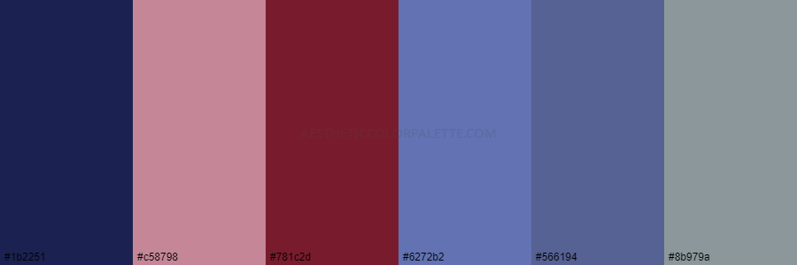 color palette 1b2251 c58798 781c2d 6272b2 566194 8b979a