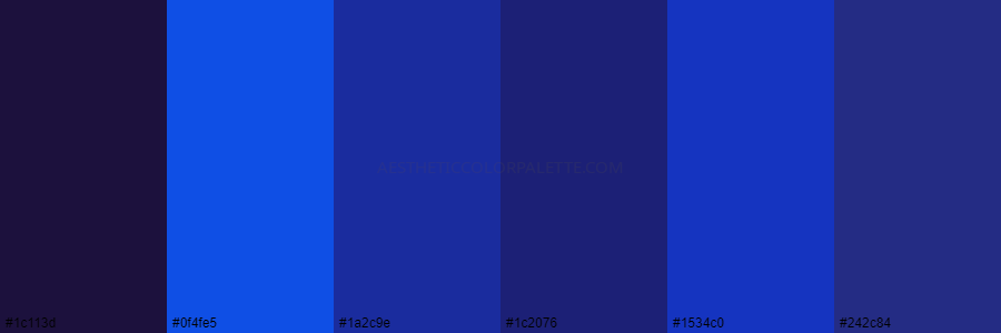 color palette 1c113d 0f4fe5 1a2c9e 1c2076 1534c0 242c84
