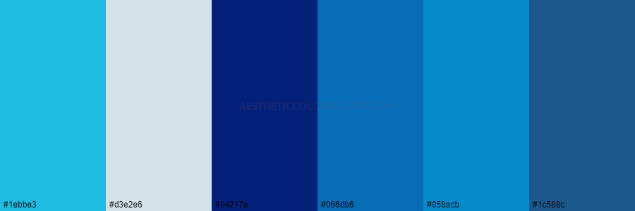 color palette 1ebbe3 d3e2e6 04217a 066db6 058acb 1c588c