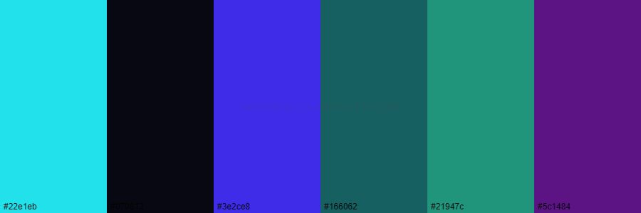 color palette 22e1eb 070812 3e2ce8 166062 21947c 5c1484