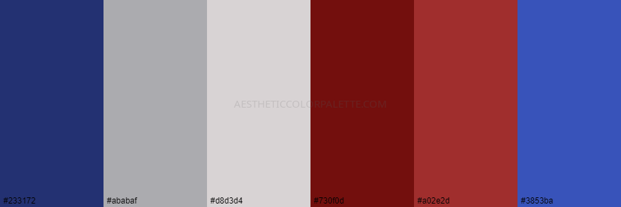 color palette 233172 ababaf d8d3d4 730f0d a02e2d 3853ba