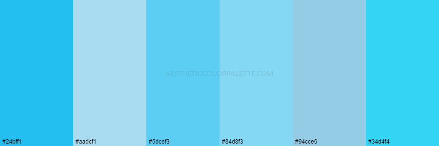 color palette 24bff1 aadcf1 5dcef3 84d8f3 94cce6 34d4f4