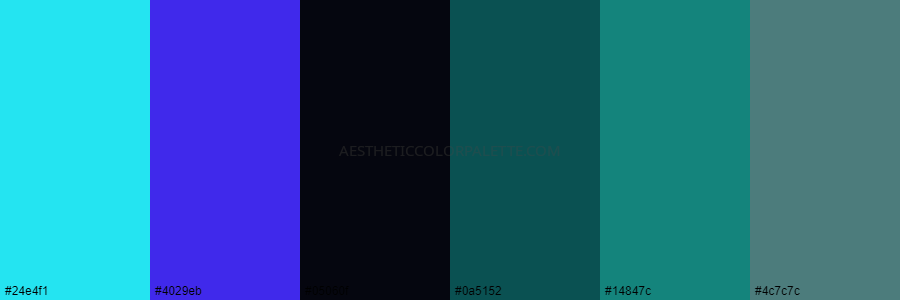 color palette 24e4f1 4029eb 05060f 0a5152 14847c 4c7c7c