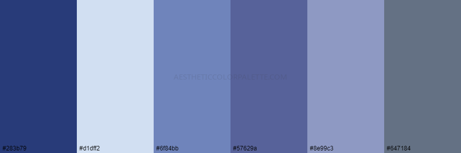 color palette 283b79 d1dff2 6f84bb 57629a 8e99c3 647184