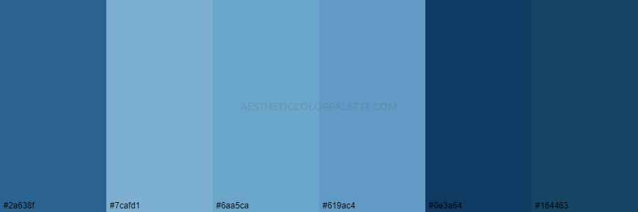 color palette 2a638f 7cafd1 6aa5ca 619ac4 0e3a64 164463