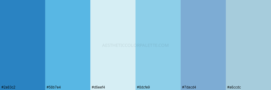 color palette 2a83c2 58b7e4 d6eef4 8dcfe9 7dacd4 a6ccdc