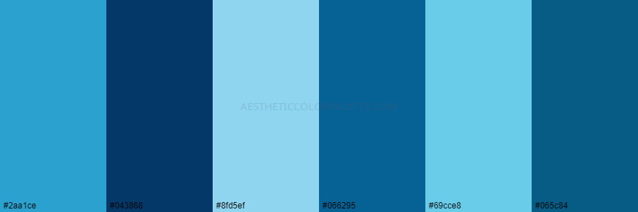 color palette 2aa1ce 043868 8fd5ef 066295 69cce8 065c84