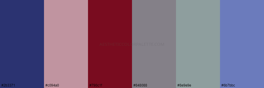color palette 2b3371 c094a0 790c1f 848088 8e9e9e 6b7bbc