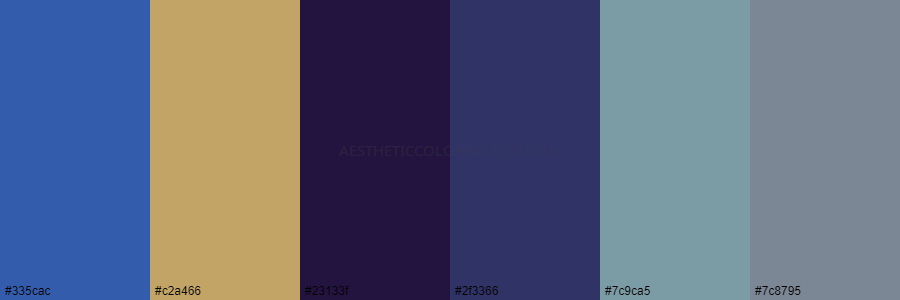 color palette 335cac c2a466 23133f 2f3366 7c9ca5 7c8795