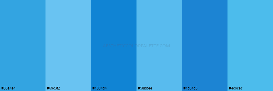 color palette 33a4e1 69c3f2 1084d4 58bbee 1c84d3 4cbcec