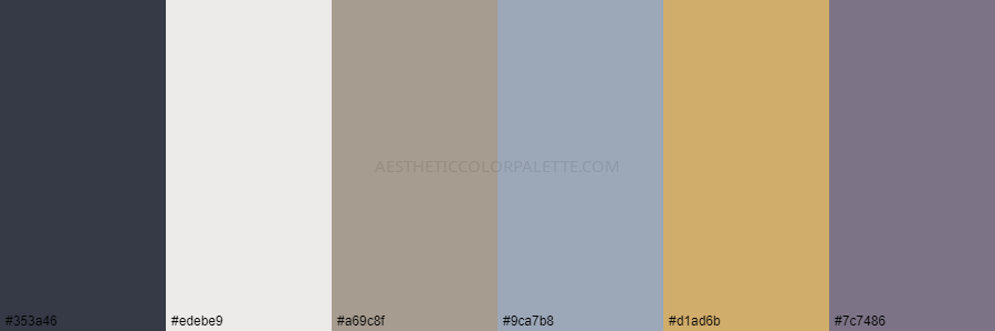 color palette 353a46 edebe9 a69c8f 9ca7b8 d1ad6b 7c7486