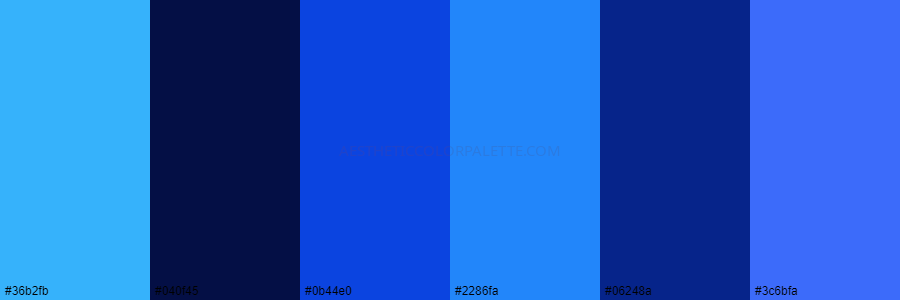 color palette 36b2fb 040f45 0b44e0 2286fa 06248a 3c6bfa