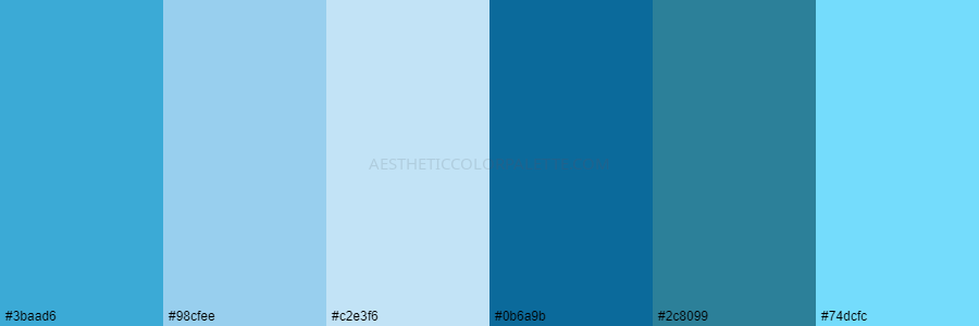 color palette 3baad6 98cfee c2e3f6 0b6a9b 2c8099 74dcfc