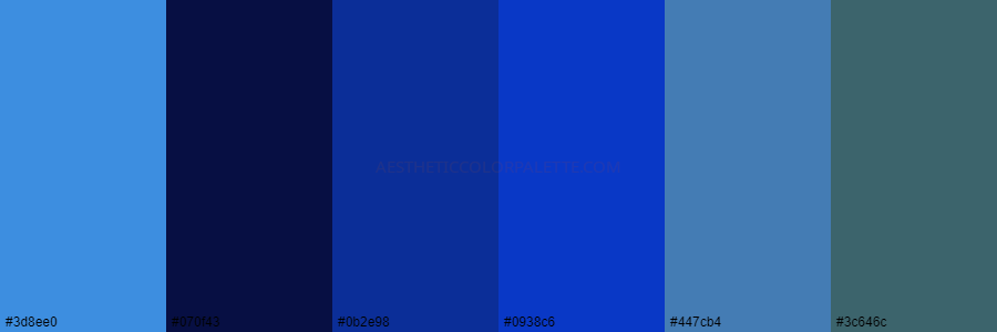 color palette 3d8ee0 070f43 0b2e98 0938c6 447cb4 3c646c