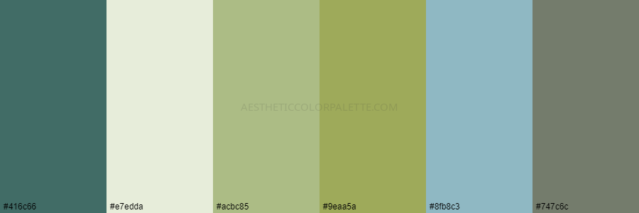 color palette 416c66 e7edda acbc85 9eaa5a 8fb8c3 747c6c