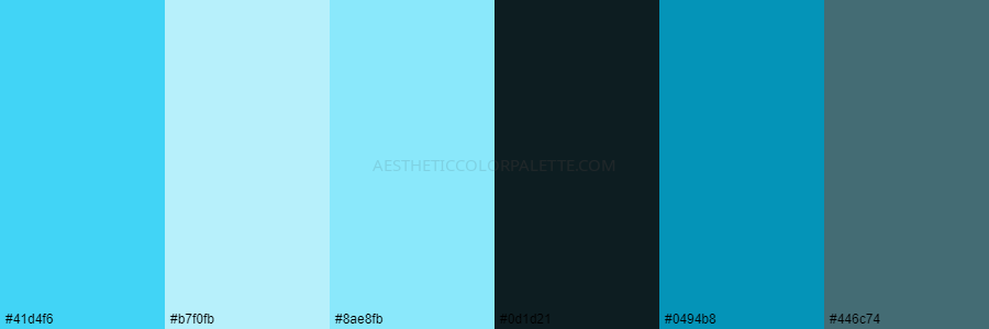 color palette 41d4f6 b7f0fb 8ae8fb 0d1d21 0494b8 446c74