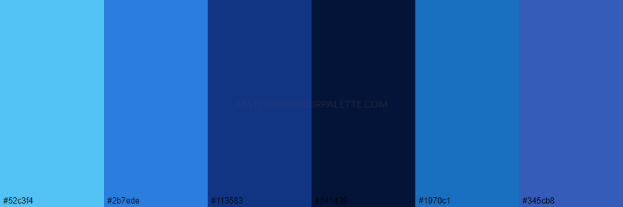 color palette 52c3f4 2b7ede 113583 041439 1970c1 345cb8