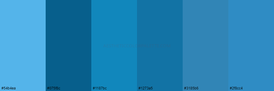 color palette 54b4ea 075f8c 1187bc 1273a5 3185b6 2f8cc4