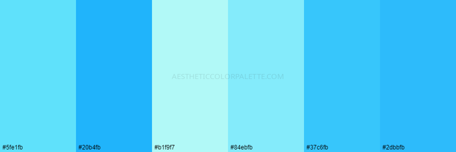 color palette 5fe1fb 20b4fb b1f9f7 84ebfb 37c6fb 2dbbfb