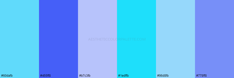 color palette 60dafb 455ff8 b7c3fb 1edffb 96d8fb 778ff8