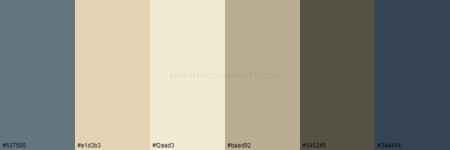 color palette 637580 e1d3b3 f2ead3 baad92 545245 344454