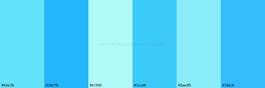 color palette 64e3fb 24b7fb b1f9f8 3ccafb 8aedf9 34bcfc
