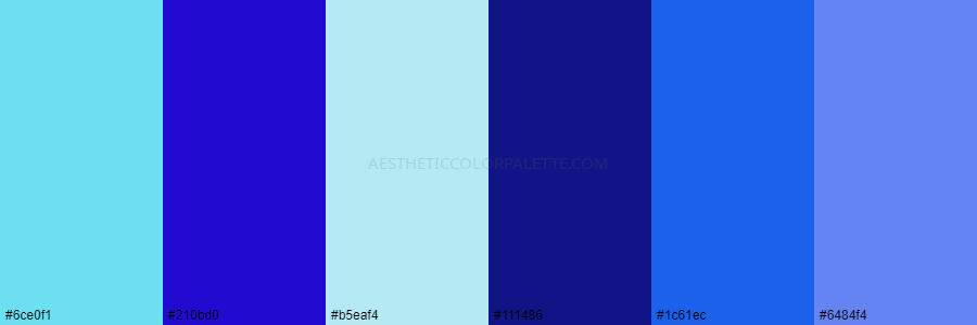 color palette 6ce0f1 210bd0 b5eaf4 111486 1c61ec 6484f4