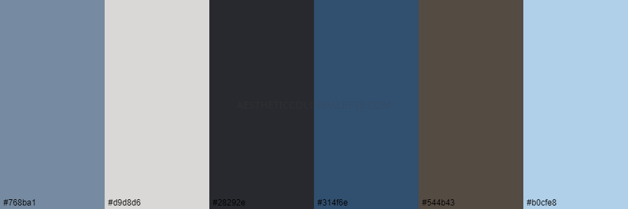 color palette 768ba1 d9d8d6 28292e 314f6e 544b43 b0cfe8
