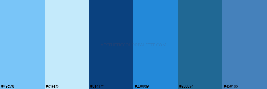 color palette 79c5f8 c4eafb 0a417f 2389d9 206894 4581bb
