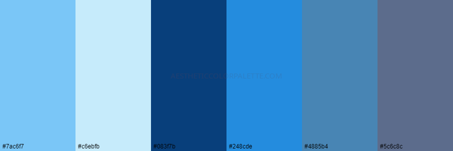 color palette 7ac6f7 c6ebfb 083f7b 248cde 4885b4 5c6c8c