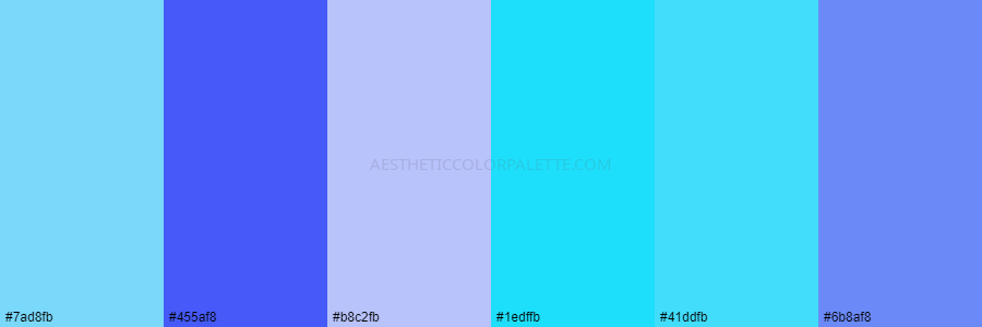 color palette 7ad8fb 455af8 b8c2fb 1edffb 41ddfb 6b8af8