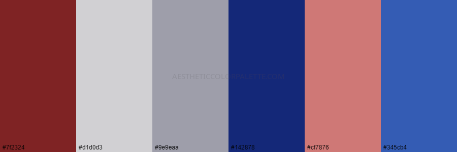 color palette 7f2324 d1d0d3 9e9eaa 142878 cf7876 345cb4