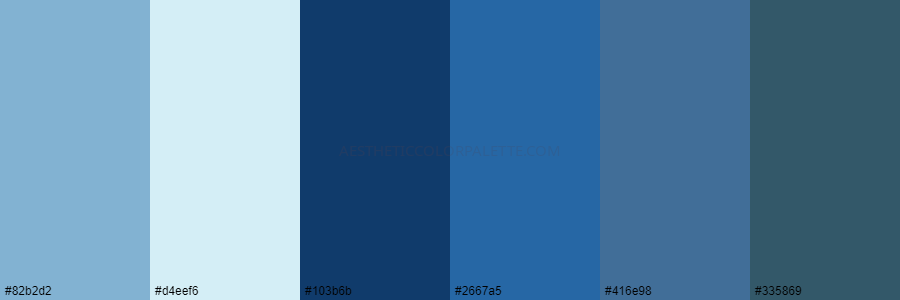 color palette 82b2d2 d4eef6 103b6b 2667a5 416e98 335869