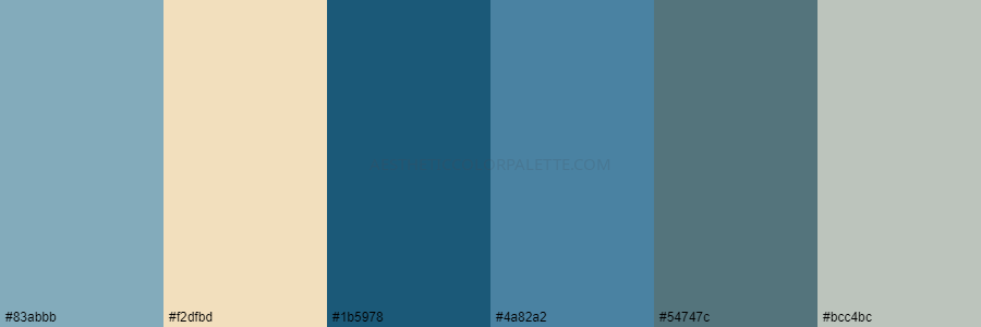 color palette 83abbb f2dfbd 1b5978 4a82a2 54747c bcc4bc
