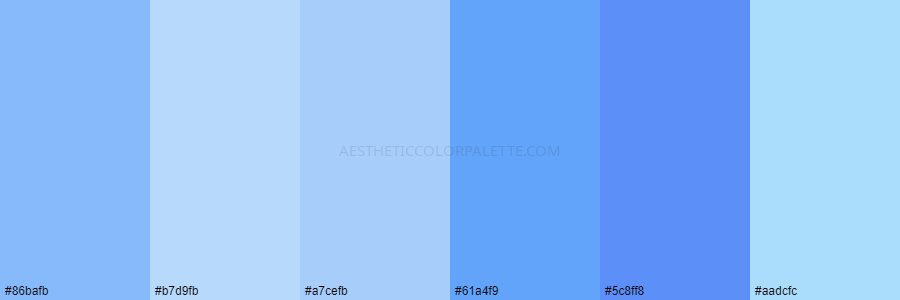 color palette 86bafb b7d9fb a7cefb 61a4f9 5c8ff8 aadcfc