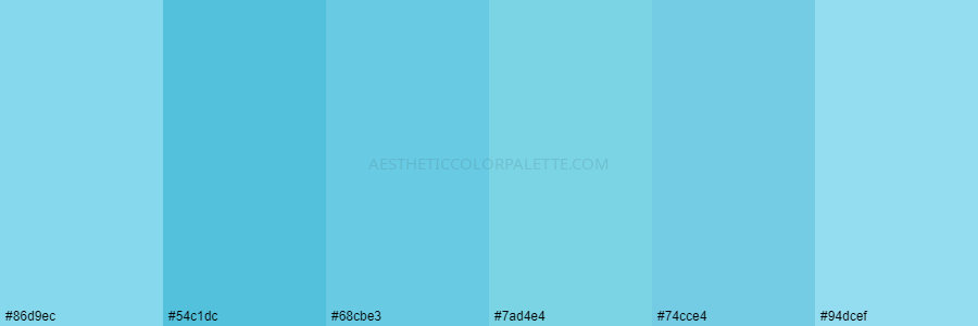 color palette 86d9ec 54c1dc 68cbe3 7ad4e4 74cce4 94dcef