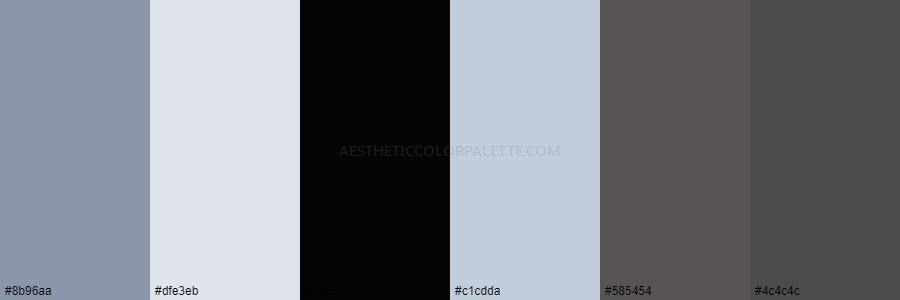 color palette 8b96aa dfe3eb 050506 c1cdda 585454 4c4c4c