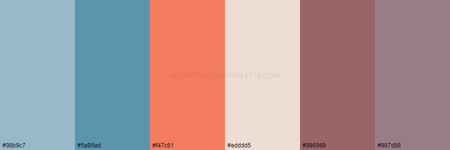 color palette 98b9c7 5a95ad f47c61 edddd5 996569 987d88