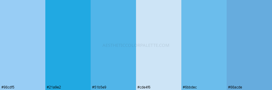 color palette 98cdf5 21a9e2 51b5e9 cde4f6 6bbdec 66acde